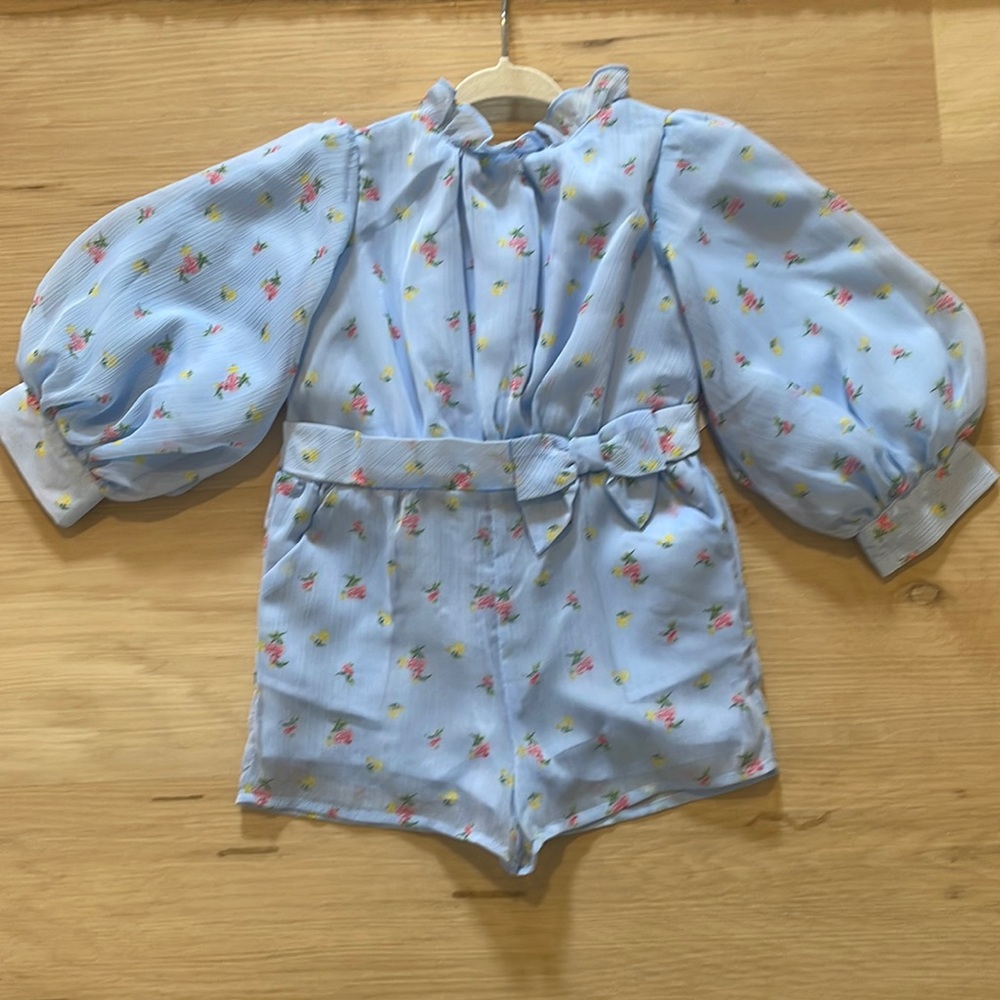 NWT Janie and Jack Puff Sleeve Floral Blue Romper. 2T